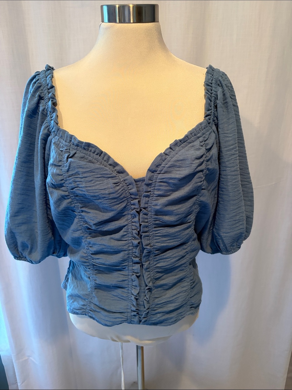 Sienna Sky Dusty Blue Ruched Puff-Sleeve Blouse